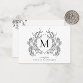 Klassiek zwart bloemenkam monogram notitiekaartje (Voorkant / Achterkant in situ)