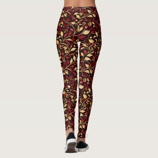 Klassiek zwart, Bourgondië en goud kerstgebladerte Leggings (Achterkant)