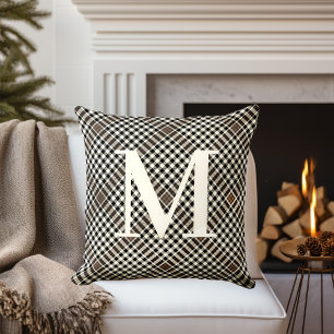 Klassiek Zwart Bruin Tartan Patroon met Monogram Kussen