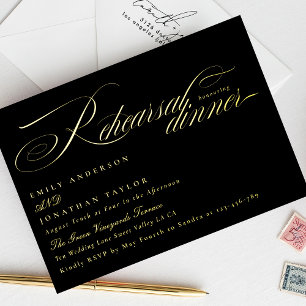Klassiek zwart gouden kalligrafie oefendiner folie uitnodiging