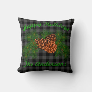 Klassiek zwart grijs tartan plaid patroon pinecone kussen