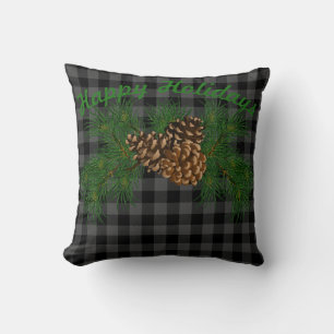 Klassiek zwart grijs tartan plaid patroon pinecone kussen
