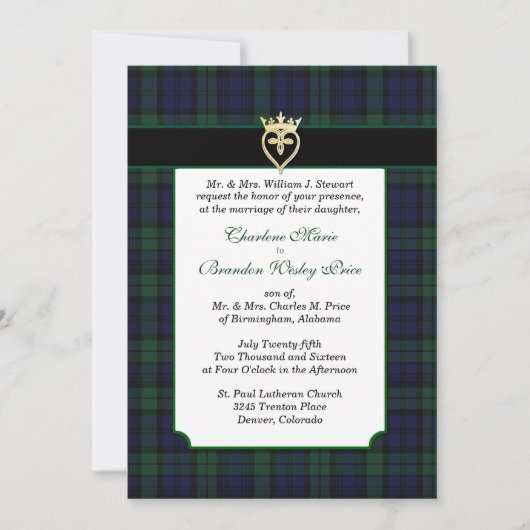Klassiek zwart horloge Tartan bruiloft uitnodiging (Voorkant)