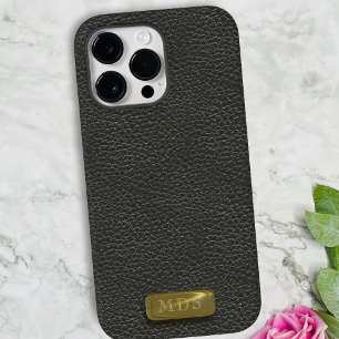 Klassiek zwart leder Faux Gold Monogram iPhone 15 Pro Case