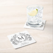 Klassiek zwart-wit bloemenborstmonogram vierkante kartonnen onderzetter (Insitu)