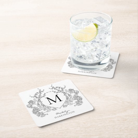 Klassiek zwart-wit bloemenborstmonogram vierkante kartonnen onderzetter (Insitu)