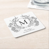 Klassiek zwart-wit bloemenborstmonogram vierkante kartonnen onderzetter (Schuin)