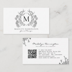 Klassiek zwart wit bloemenkam monogram QR-code Visitekaartje