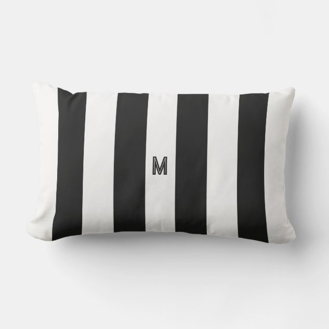Klassiek zwart & wit cabana streep monogram buitenkussen (Voorkant)