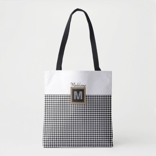 Klassiek zwart-wit Check Gingham Plays Monogram Draagtas (Voorkant)