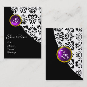 KLASSIEK ZWART WIT DAMASK PAARSE AMETHIST MONOGRAM VISITEKAARTJE