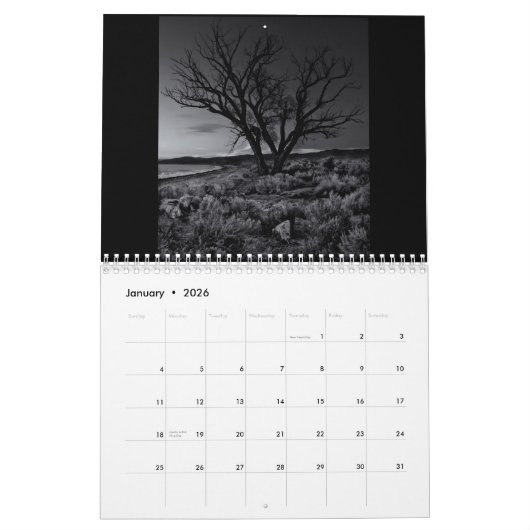 Klassiek zwart-wit kalender (Jan 2026)