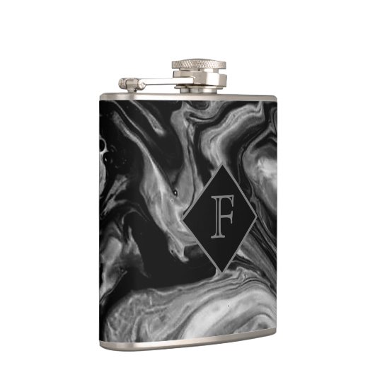 Klassiek zwart-wit marmeren monogram heupfles (Rechts)