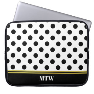 Klassiek zwart-wit puntpatroon en monogram laptop sleeve