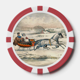 Klassieke 1853 slee-rit Currier Ives weg winter Poker Chips