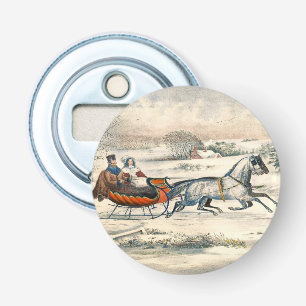 Klassieke 1853 slee-rit Currier Ives winterlandsch Button Flesopener