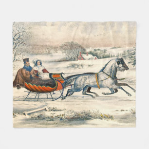Klassieke 1853 slee-rit Currier Ives winterlandsch Fleece Deken