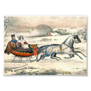 Klassieke 1853 slee-rit Currier Ives winterlandsch Foto Afdruk