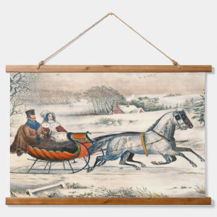 Klassieke 1853 slee-rit Currier Ives winterlandsch Hangend Wandkleed