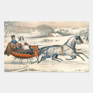 Klassieke 1853 slee-rit Currier Ives winterlandsch Rechthoekige Sticker