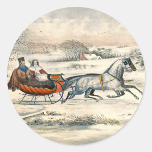 Klassieke 1853 slee-rit Currier Ives winterlandsch Ronde Sticker