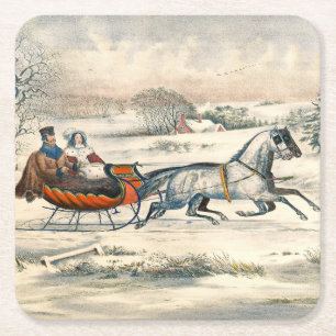 Klassieke 1853 slee-rit Currier Ives winterlandsch Vierkante Kartonnen Onderzetter
