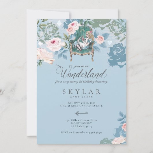 Klassieke Alice In Wonderland Roze Rozen Verjaarda Kaart (Voorkant)