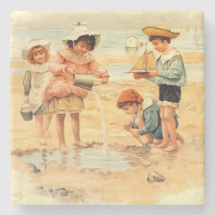 Klassieke Antieke Strand Jongen Meisje Kinderen Fi Stenen Onderzetter
