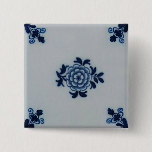 Klassieke antiquarian Delft Blue Tile - Floral Mot Vierkante Button 5,1 Cm