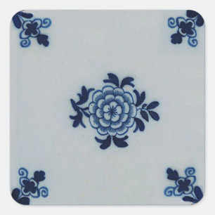 Klassieke antiquarian Delft Blue Tile - Floral Mot Vierkante Sticker