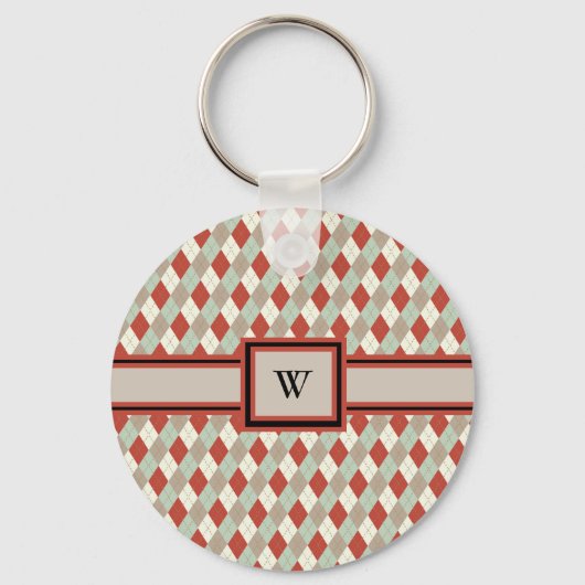 Klassieke Argyle, Rood Tan Groen Crème Monogram Sleutelhanger (Voorkant)
