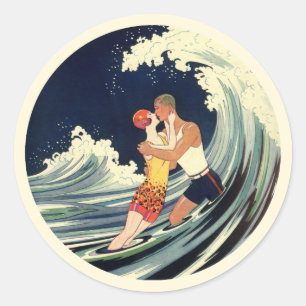 Klassieke Art Deco-liefhebbers kussen in de golven Ronde Sticker