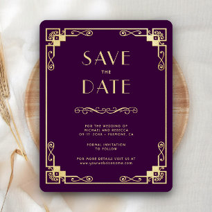 Klassieke Art Deco Paarse Gouden Trouwfoto Save The Date