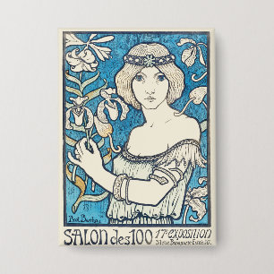 Klassieke Art Nouveau Vrouw Blauw Bloem Motief Pos Button