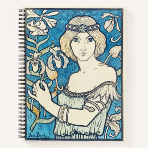 Klassieke Art Nouveau Vrouw Blauw Bloem Motief Pos Notitieboek