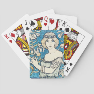 Klassieke Art Nouveau Vrouw Blauw Bloem Motief Pos Pokerkaarten