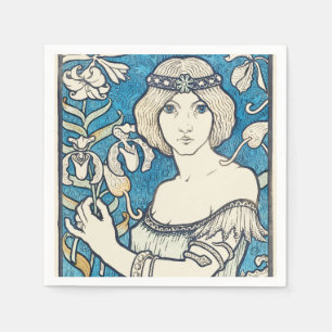 Klassieke Art Nouveau-vrouw Blauw Bloemmotief Post Servet