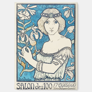 Klassieke Art Nouveau-vrouw Blauwe Bloemige Poster Magneet