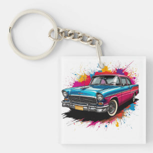 Klassieke auto met kleurrijke verfspatten sleutelhanger