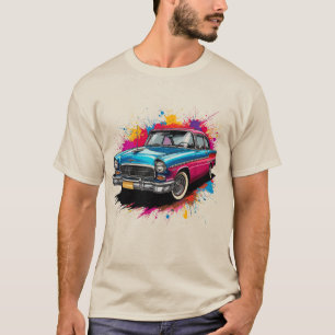 Klassieke auto met kleurrijke verfspatten t-shirt