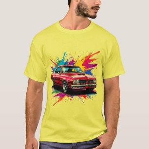 Klassieke auto met kleurrijke verfspatten t-shirt