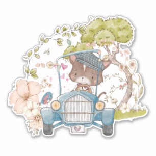 Klassieke auto Schattige kat rijdt Tuin Baby jonge Sticker