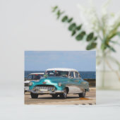 Klassieke auto's van Cuba Turquoise en White Sedan Briefkaart (Staand voorkant)