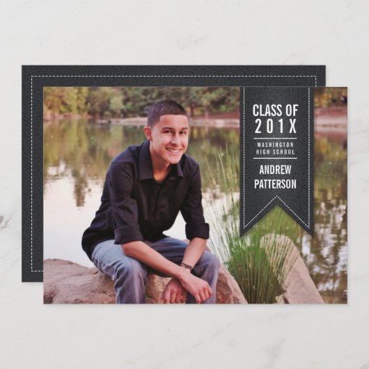 Klassieke Banner Afstuderen Fotoaankondiging Kaart (Voorkant / Achterkant)