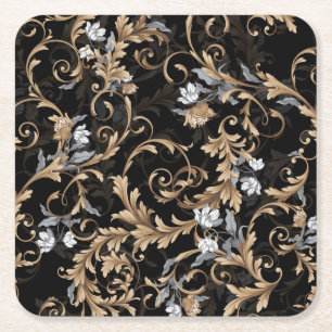 Klassieke barokbloemen: zwarte achtergrond. vierkante kartonnen onderzetter