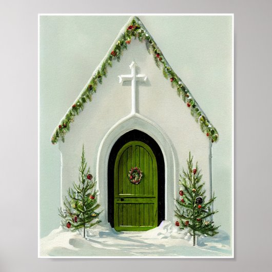 Klassieke besneeuwde kerk met Kerst Poster (Voorkant)