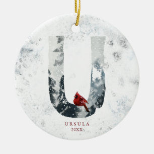 Klassieke besneeuwde Kerst Winter Scene Monogram U Keramisch Ornament