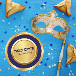 Klassieke Blauw en Goud Gelukkig Purim Ronde Sticker
