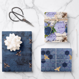 Klassieke blauwe Bee Flowers Mengsel en matchen Inpakpapier Vel