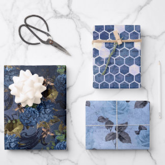 Klassieke blauwe Bee Flowers Mengsel en matchen Inpakpapier Vel